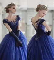 Dark Royal Blue Long Sweet 16 Party Long Prom Evening Gowns2019 Vintage Quinceanera Ball Gown Dresses Scoop Neck Cap Sleeves Lace Appliques