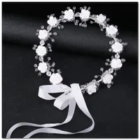 Bridal crystal white wedding flower crown girls stereo flowers ribbon Bows princess wreath children&#039;s day party garland hair accessory J2891