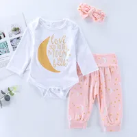 Yenidoğan Bebek Kız Ay Mektubu Baskı Uzun Kollu Tulum + Yıldız Pantolon + Kafa 3 adet Set Kıyafetler Toddler Bahar Sonbahar Pamuk Giysileri