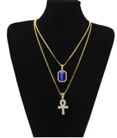New Designer Egyptian Ankh Key of Life Bling Rhinestone Cross Pendant With Red Ruby Pendant Necklace Set Men Hip Hop Jewelry