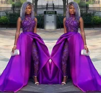2020 Classique Violet combis Robes de soirée à col détachable train dentelle Appliqued Perle Robes de soirée Parti Africain Costumes Femmes Pantalon