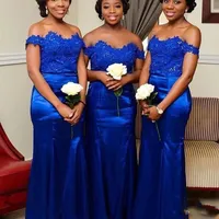 Royal Blue Off Shoulder Satin Mermaid Bridesmaid Dresses Long Lace Applique Beaded Maid of Honor Gowns Wedding Party Dress Plus Size Custom