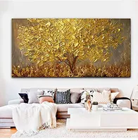 100% раскрашенная вручную палитра нож Золотой дерево картины маслом на хлопковом холсте Большие 3D абстрактные настенные рисунки для гостиной для гостиной
