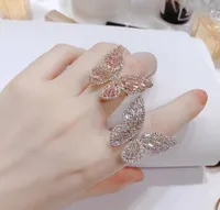 Mujeres para hombre con hielo, anillo de mariposa 3D Micro PAVE CUBICA ZIRCONIA 14K chapado en oro, diamantes simulados, anillo ajustable de Hip Hop, tamaño