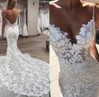 구슬 진주 스파게티 스트랩 레이스 인어 웨딩 드레스 2021 화려한 3D-Floral Appliques Boho Bridal Gowns 로우 백 로브 드 마리에