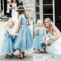 2020 bebê azul Tule Meninas Vestidos Jewel Neck manga curta botão Voltar tornozelo comprimento Meninas da festa de casamento de Boho Pageant Vestidos BC2432