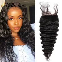Bella Hair Brazilian Virgin Hair Weave Lace Closure Deep Wave Curly 4x4 Top Stängningar med BabyHair Natural Color