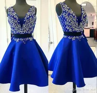 Gorąca sprzedaż Dwa kawałki Royal Blue Short Homecoming Sukienka Sexy V Neck Zroszony Crystal Prom Dress 2019 Mini Cocktail Party Dress