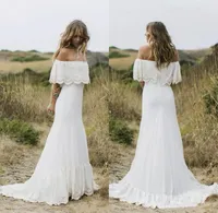 Country Style Boho Brautkleider aus der Schulter weiße Chiffon-Strand-Brautkleider Sonderanfertigte Reißverschluss nach oben Zackgroßzweig