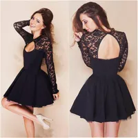 Cute Short Prom Dresses Cheap Black Lace Long Sleeve Backless Chiffon Party Cocktail Dress Kids Graduation Homecoming Dress Gowns