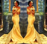 African Nigerian Yellow Mermaid Prom Dresses 2020 Off Shoulders Lace Sequined Satin Evening Prom Gowns Arabic Dresses