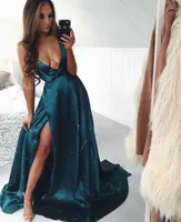 Sexy Décolleté en V Long Green robes de soirée avec poches balayage train robe de soirée A-ligne Robes de bal Side Slit Custom Made