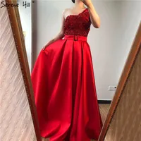 Red One Shoulder Prom Dresses Sexy 3D Bloemen Satijn Avondjurk 2020 Open Back Formal Party Bruidsmeisjes Jurk met Riem