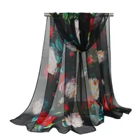 Moda Estampado floral Tejido liso Bufanda de invierno Mujeres Georgette Simulación Seda Fina Bufandas largas Chal protector solar cálido