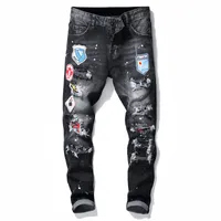 Men Badge scheurt Stretch Black Jeans Men's Fashion Slim Fit gewassen motocycle denim broek panelen hiphop broek 10200