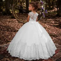 Lovey Holy Lace Princess Flower Girl Dresses Ball Gown First Communion Klänningar För Flickor Ärmlös Tulle Toddler Pageant Klänningar