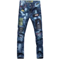 pas cher Patch broderie jeans homme biker skinny Jeans Hommes Haute Qualité Mâle denim Pantalon masculino moto de mode designer