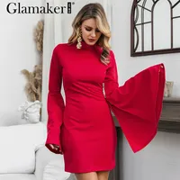 Toptan-Glamaker Uzun Flare Kollu Kırmızı Sonbahar Elbise Kadınlar Zarif Kadın Mini Kısa Elbise Parti Gece Kulübü Seksi Bodycon Kış