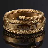 3 pçs / set numeral romano homens pulseira artesanal aço inoxidável cânhamo corda fivela aberta pulseira pulseira bileklik jóias de luxo