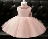 2020 New Born Baby Girl Dresses бисером розовое кружево тюль большой бант Baby Christening Party Dress 1 год рождения платье младенческое Крещение платье(K)