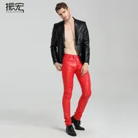 秋の薄いオートバイのフェイクレザーパンツメンズフィートのズボンファッション赤い白青PUのズボン男性人格Pantalon Homme