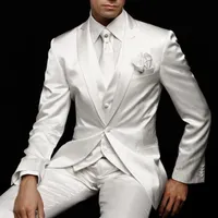 Tre Piece White Wedding Groom Tuxedos 2019 Peaked Lapel Custom Made Handsome Business Party Män Passar (Jacka + Byxor + Vest)