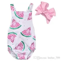 INS NEW DESIGNS NEWBORN BABY SUMMER ROMPERS Infant Toddlers Watermelon Tryckt Jumpsuit med rosa huvudband 2pcs outfits