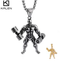 Hip Hop Figure Muscle Man Pendant Necklace For Men Stainless Steel Silver Gold Dumbbell Gym Fitness Necklace Sport Jewelry