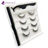 Flash Girl Merk High-End Luxe 4 Paren 3D Mink Eyelashes Magic Self-Adhesive Eyeliner Wimpers Set met Pincet Mix-C