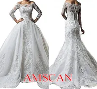 2020 Vintage Bateau Neck Lace Long Sleeve Wedding Dresses With Detachable Skirt Plus Size wedding dress vestido de noiva Long Bridal Gowns
