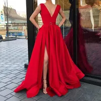 Sexig V-Neck A-Line Evening Dresses High Split Side Ärmlös Prom Party Dresses Formell 2019 Vestidos Ny Ankomst