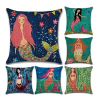 45cm*45cm Pillow Covers Cartoon Mermaids Cushion Cover Cotton Linen Square Pillowcase Living Room Sofa Decorative Throw Pillow Case