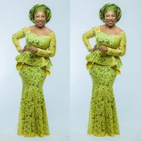 Robes de soirée à manches longues jaunes 2020 Mermaid Dentelle African Nigérian Soirée Robe longue Femmes Scoop Col Robe de soirée africaine avec Péplum