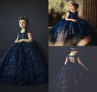 Luxury Navy Lace 2020 Flickor Pageant Klänningar V Nacke Hollow Back Glitter Flower Girl Dress Beautiful Ball Gown Party Kids Formal Wear
