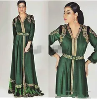 2019 Emerald Green Moroccan CAFTAN長袖のイブニングドレス習慣ゴールド刺繍カフランドバイアバヤアラビアイブニングウェアガウン
