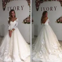 Свадебные платья с длинными рукавами 2019 a-line с плеча V шеи кружевные аппликации свадебные платья Vestido de Mariee