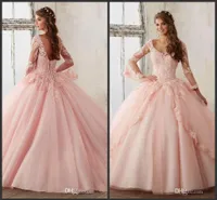 Nowa Quinceanera Pageant Suknia balowa z długim rękawem Vestidos de Quinceañera Prom Party Dresses Pink Tulle Aplikacja Koronki Sexy 16 sukienek