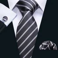 Schnelle Lieferung Tie Set Weiß Grau Gestreift Männer Silk Großhandel klassische gesponnene Krawatte Einstecktuch Manschettenknöpfe Hochzeit Business-N-5080