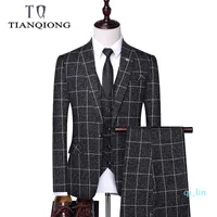 Blazers + calça + Vest 3 Pieces Set 2020 Suits Moda negócio dos homens com calças xadrez Brasão paletó Calças Colete