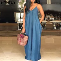 Sexy Beach Denim Maxi Long Dress 2018 Women V Neck Strapless Backless Casual Loose Solid Clothes Plus Size Floor-length Vestidos1