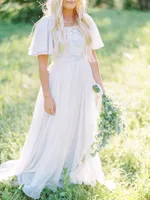 Vintage A-Line Chiffon Modest Bröllopsklänningar med Flutter Ärmar Scoop Neck Lace Top Chiffon Kjol Bogho Informella Bridal Gowns Custom Made