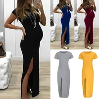 En Çok Satan Yaz Kısa Seeve Bölünmüş Hamile Elbisesi 2019 Yeni Ekip Boyun Zarif Hamile Kadın Gündelik Elbise Pamuk S-6XL Artı boyutu