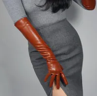 Женская мода сексуальная тонкая искусственная искусственная кожаная перчатка леди выступление формальная партия кожа длинная коричневая перчатка 50см R2044