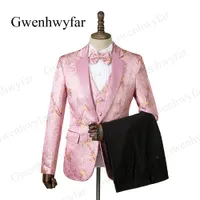 Gwenhwyfar Costume Homme Mariage 2019 Moda Plum Blossom Tuxedo Peach Pink Jacquard Men Suit Garnosy Garnitury Ślub 3 Sztuki