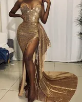 Cheap ouro lantejoulas Mermaid Prom Dresses Querida High Side Dividir Ruffles Vestido Comprimento Party Dress Vestido formal Ogstuff