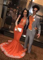 2019 Black Girls Orange Prom Dresses Long Sleeve Lace Applique Mermaid Evening Dress For Women&#039;s Party Gown With Sweep Train
