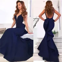 2019 billig Simple Navy Blue Mermaid Prom Dresses Spaghetti Riemen Sweep Zug Backless Abendkleider lange formale Partykleider