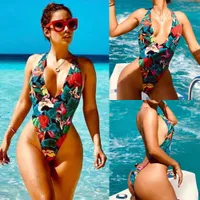 Multicolor Print Patchwork Sexy Bikinis V Collar Sleeveless Hanging Neck Hollow Out Lace-Up Beach Wear Backless Bodysuits Lady Swimsuits