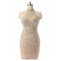 Robe de soriee Bainha de luxo Vestidos curtos 2019 Sexy Cristal Mini Prom Party Dress Champagne Formal Evening Dresses