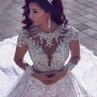 Prinses lange illusie mouw kristal luxe kathedraal trein baljurk trouwjurk kralen Dubai Arabische applique bruids backless pure